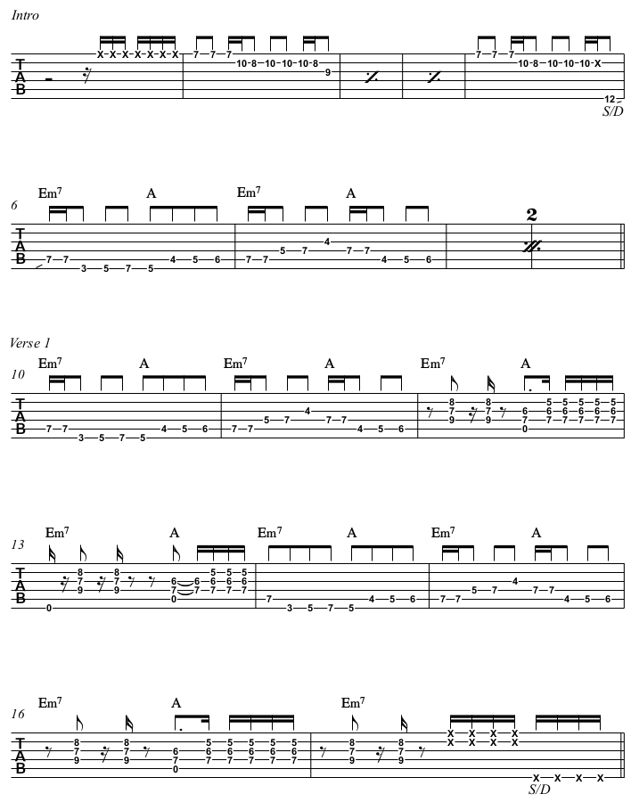 I Wish chords and TAB, acoustic arrangement in Em, page 1.