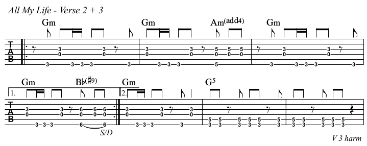 All My Life chords and TAB, verse 2 and 3.