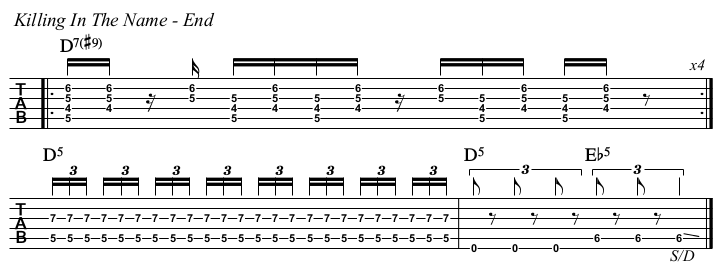 Killing In The Name chords and TAB, end.