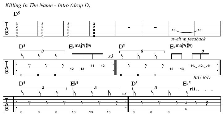 Killing In The Name chords and TAB, intro.