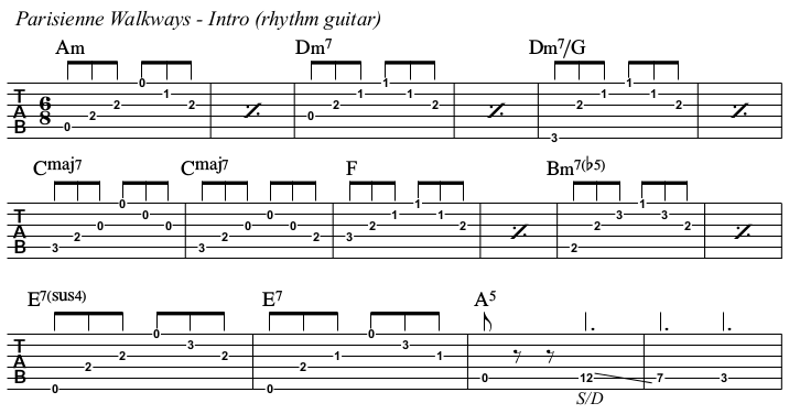 Parisienne Walkways chords and TAB, intro rhythm guitar.