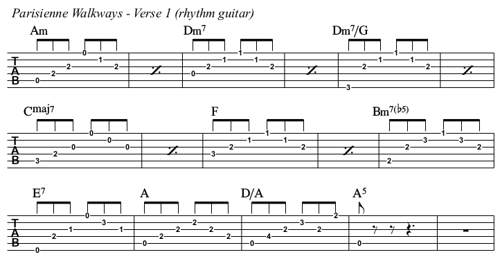 Parisienne Walkways chords and TAB, verse 1 rhythm guitar.