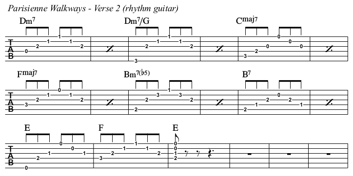 Parisienne Walkways chords and TAB, verse 2 rhythm guitar.