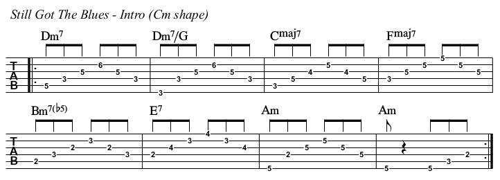Still Got The Blues chords and TAB, intro Cm shape.