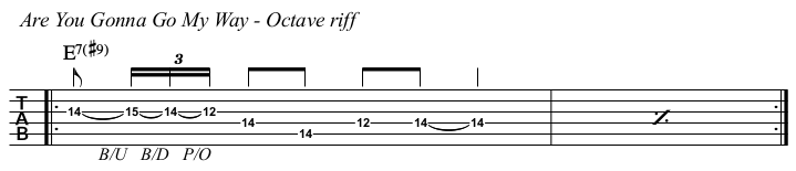 Are You Gonna Go My Way chords and TAB, intro octave.