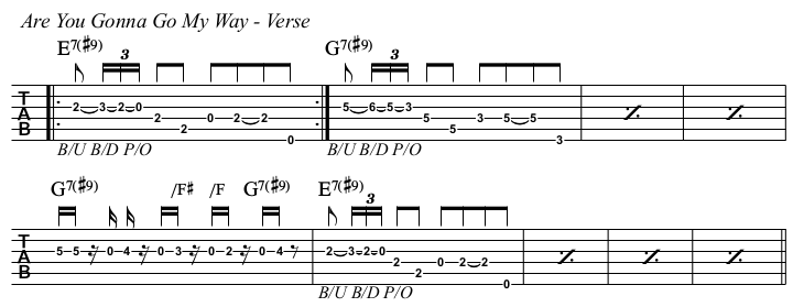 Are You Gonna Go My Way chords and TAB, verse.