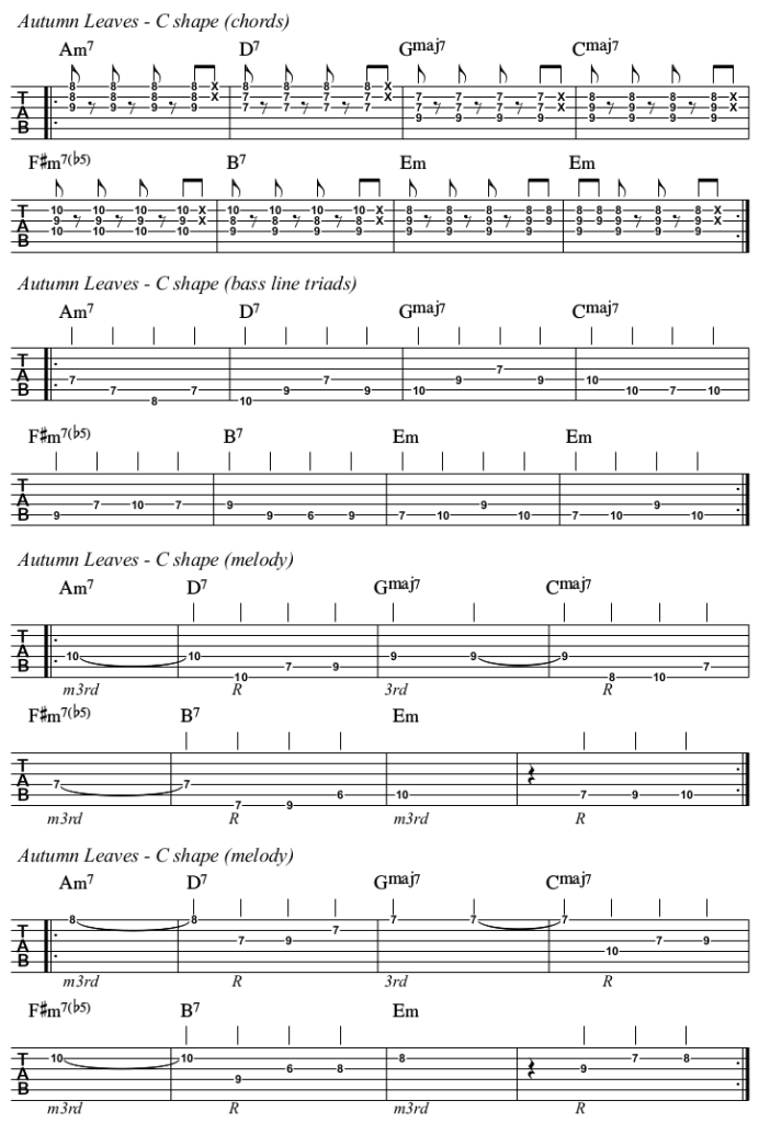 Autumn Leaves chords and TAB, C shape for melody, bass line and chords.