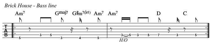 Brick House chords and TAB, bass line.