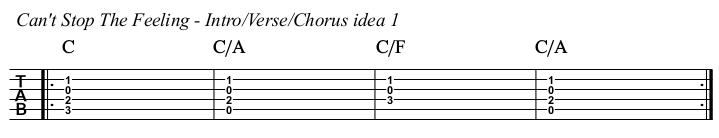 Can't Stop The Feeling chords and TAB, intro, verse, and chorus idea 1.