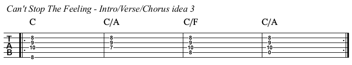 Can't Stop The Feeling chords and TAB, intro, verse, and chorus idea 3.