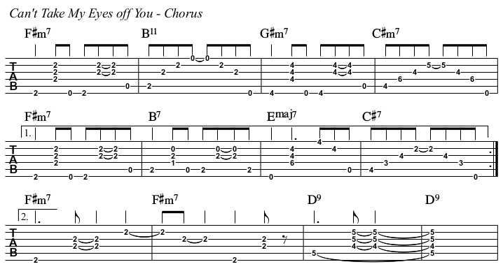 Can't Take My Eyes Off You chords and TAB, chorus.