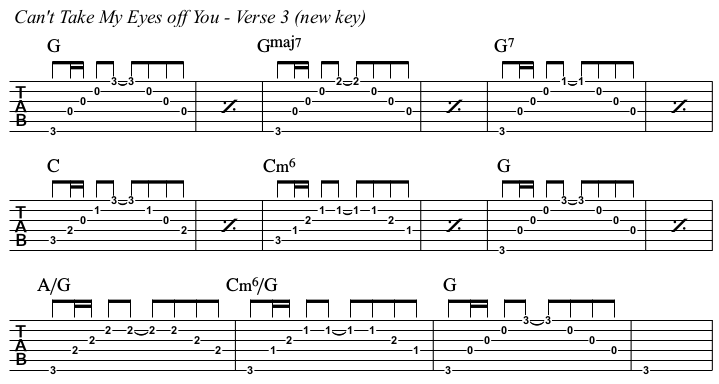 Can't Take My Eyes Off You chords and TAB, verse 3.