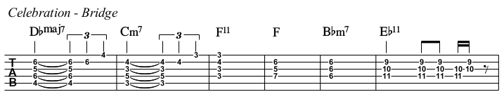 Celebration chords and TAB, bridge.