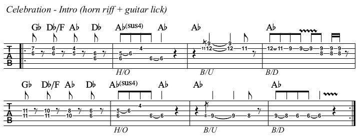 Celebration chords and TAB, intro horn riff and guitar.