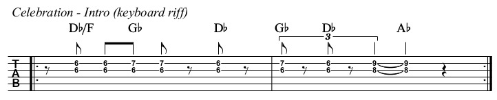 Celebration chords and TAB, intro keyboard part on the guitar.