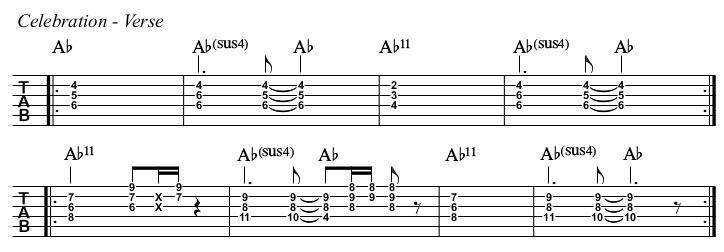 Celebration chords and TAB, verse.