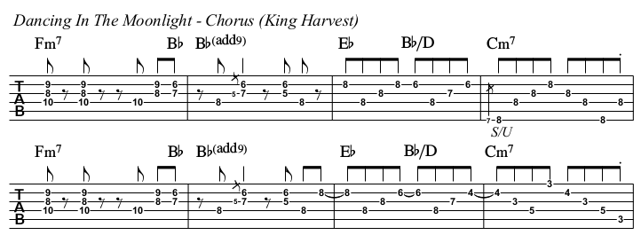 Dancing In The Moonlight chords and TAB, chorus (King Harvest).
