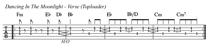 Dancing In The Moonlight chords and TAB, verse (Toploader).