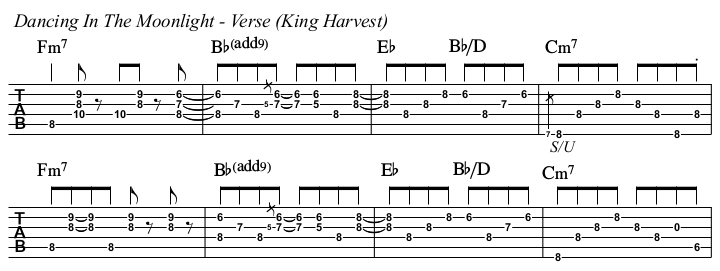 Dancing In The Moonlight chords and TAB, verse (King Harvest).