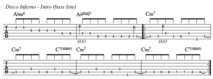 Disco Inferno chords and TAB, bass line intro.