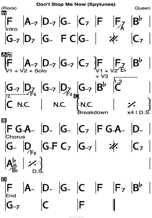 Don't Stop Me Now chord chart.