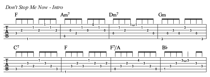 Don't Stop Me Now chords and TAB, intro.
