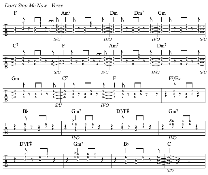 Don't Stop Me Now chords and TAB, verse.