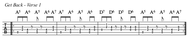 Get Back chords and TAB, verse.