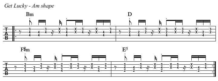Get Lucky chords and TAB, starting on the Am shape.