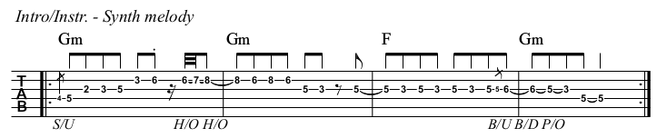 Hot Stuff chords and TAB, intro and instrumental synth melody.