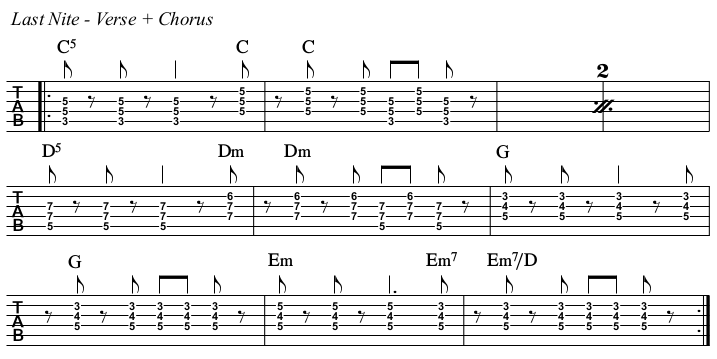 Last Nite chords and TAB, verse and chorus.