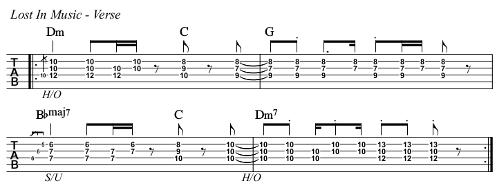 Lost In Music chords and TAB, verse chords, advanced rhythm.