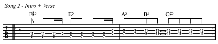 Song 2 chords and TAB, intro and verse.