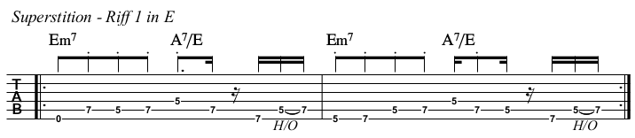 Superstition chords and TAB, riff 1 in E.