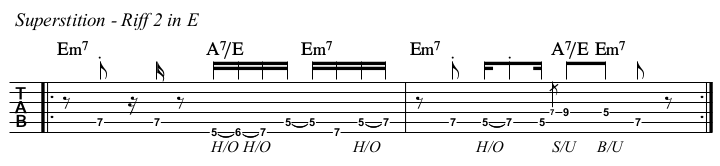 Superstition chords and TAB, riff 2 in E.