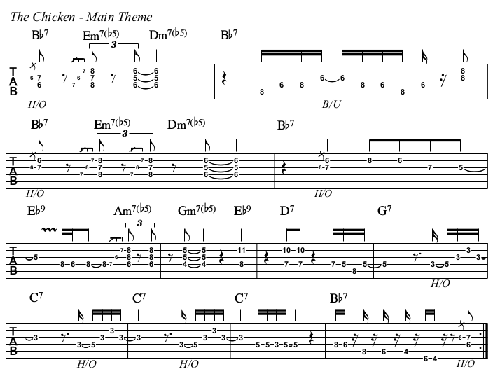 The Chicken chords and TAB, main theme with melody and chords.