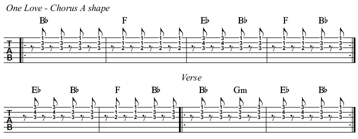 One Love chords and TAB exercise. Strings 1-3, A shape.