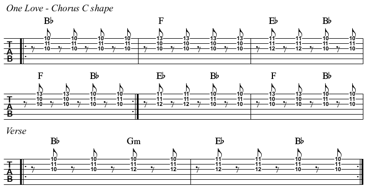 One Love chords and TAB exercise. Strings 1-3, C shape.