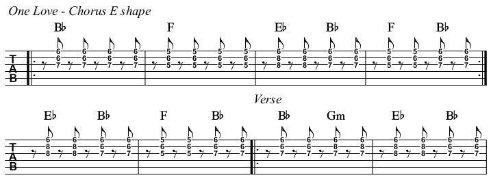 One Love chords and TAB. Strings 1-3, E shape.