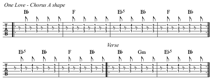 One Love chords and TAB exercise. Strings 2-4, A shape.
