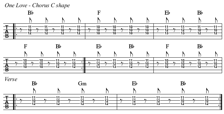 One Love chords and TAB exercise. Strings 2-4, C shape.