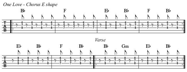 One Love chords and TAB exercise. Strings 2-4, E shape.