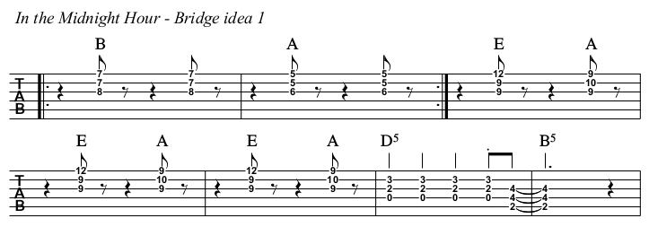 In the Midnight Hour chords and TAB, bridge idea 1.
