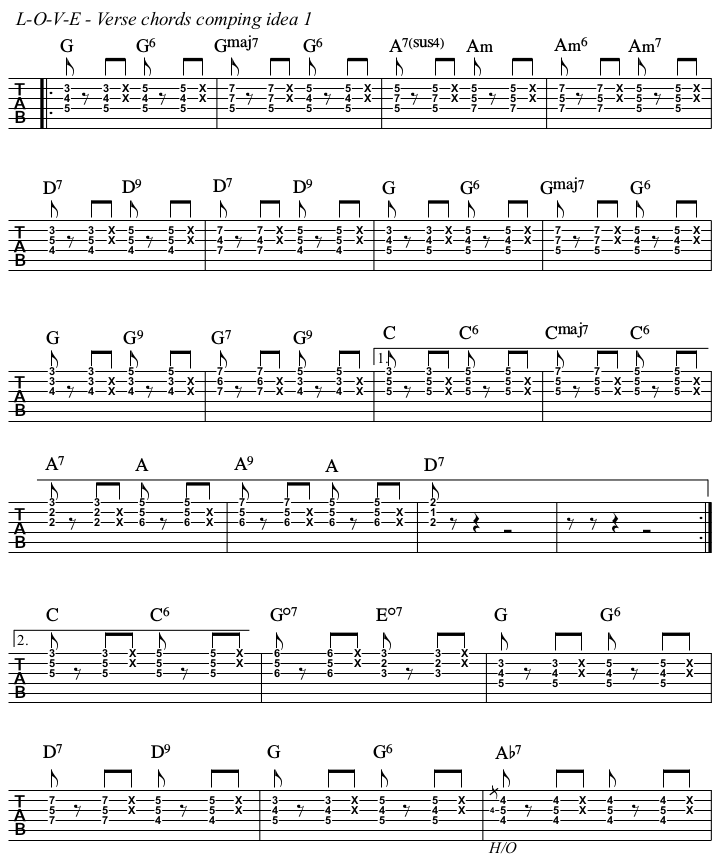 L-O-V-E chords and TAB, verse comping idea 1.