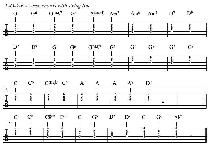 L-O-V-E chords and TAB, verse chords with string line.