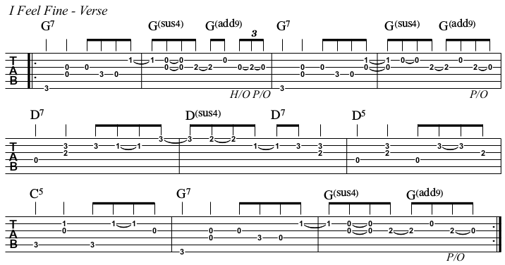 I Feel Fine chords and TAB, verse.