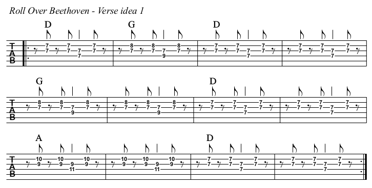 Roll Over Beethoven chords and TAB, verse idea 1.