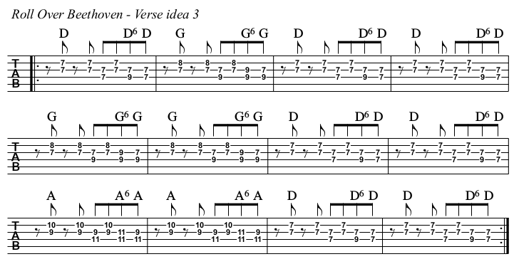 Roll Over Beethoven chords and TAB, verse idea 3.