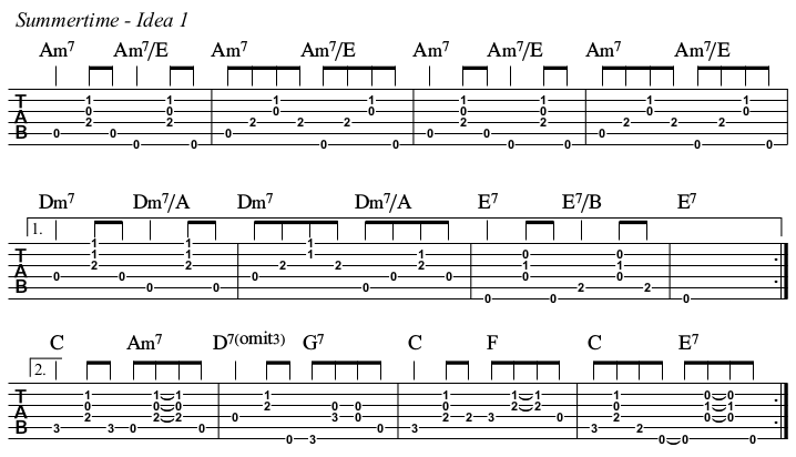 Summertime chords and TAB, idea 1.
