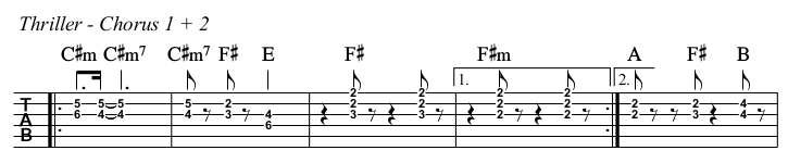 Thriller chords and TAB, chorus 1 and 2.
